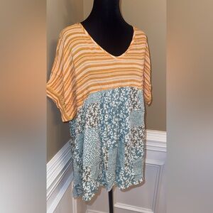 Grace & Emma Boho design Dark Orange Striped and Floral Patchwork/Style Tunic